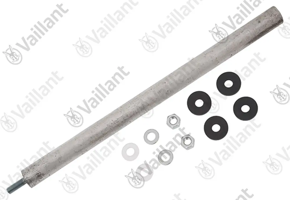 Vaillant Anode mit einer metallischen Stange, darunter verschiedene Unterlegscheiben und Schraubenzubehör, auf einem weißen Hintergrund angeordnet.